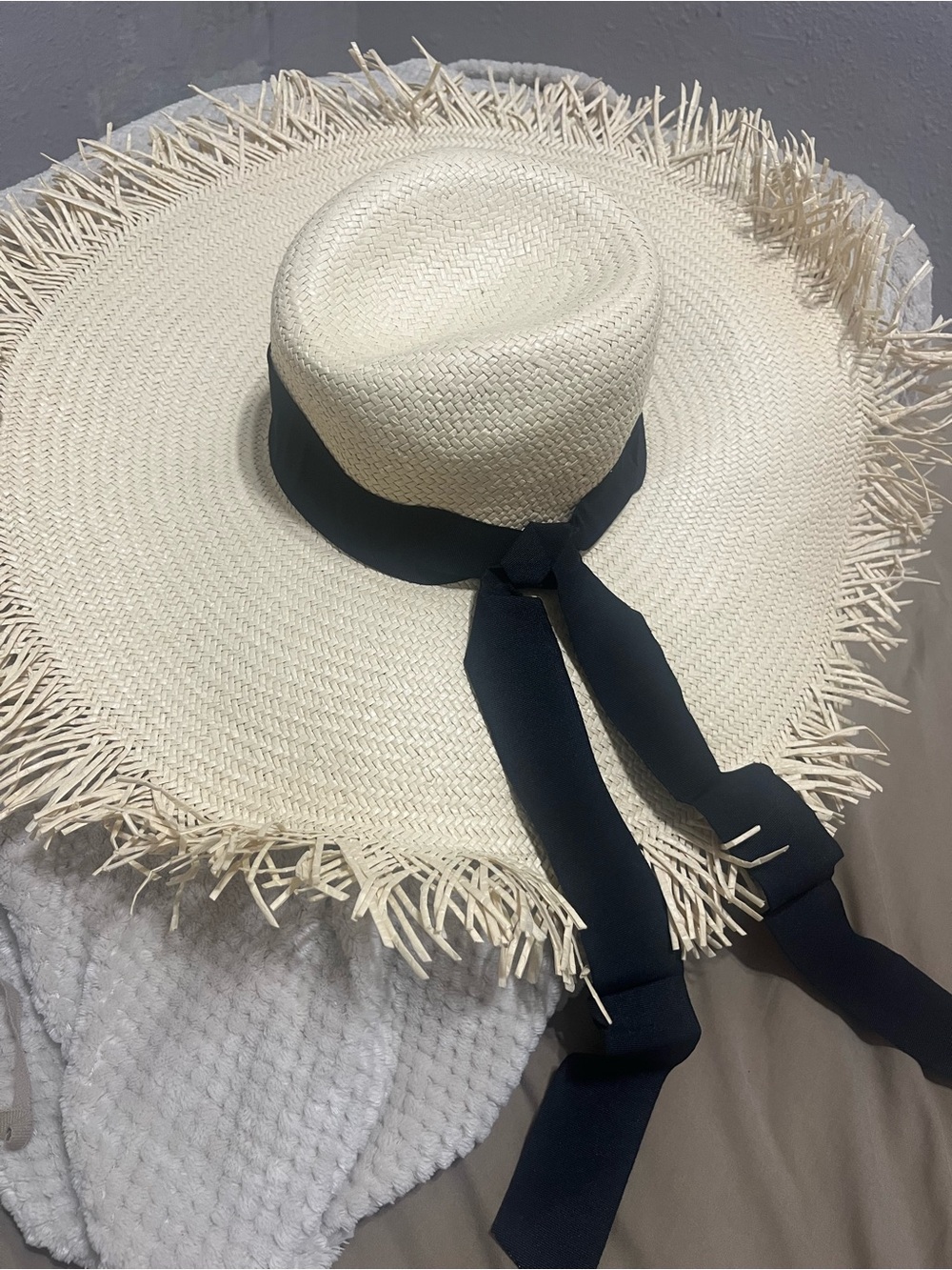 J. Crew Cream Straw Fringe Sun Hat with Black Ribbon
